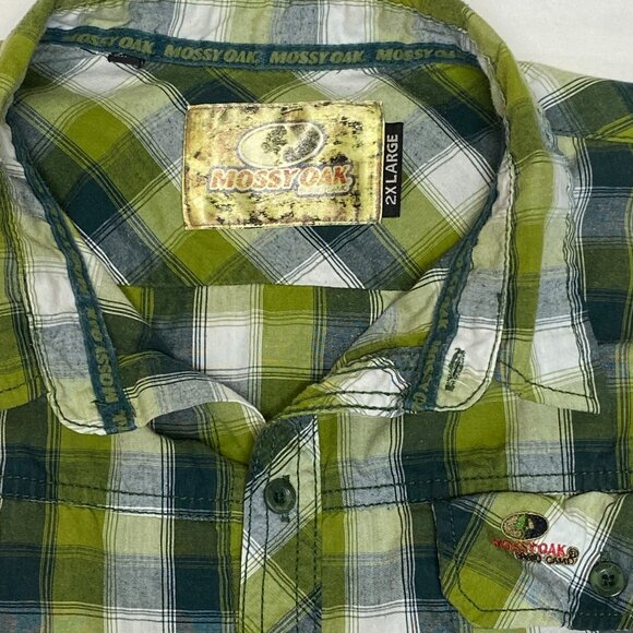 Mossy Oak Short Sleeve Button Up Collared Casual Shirt Green Plaid XXL - Picture 10 of 11